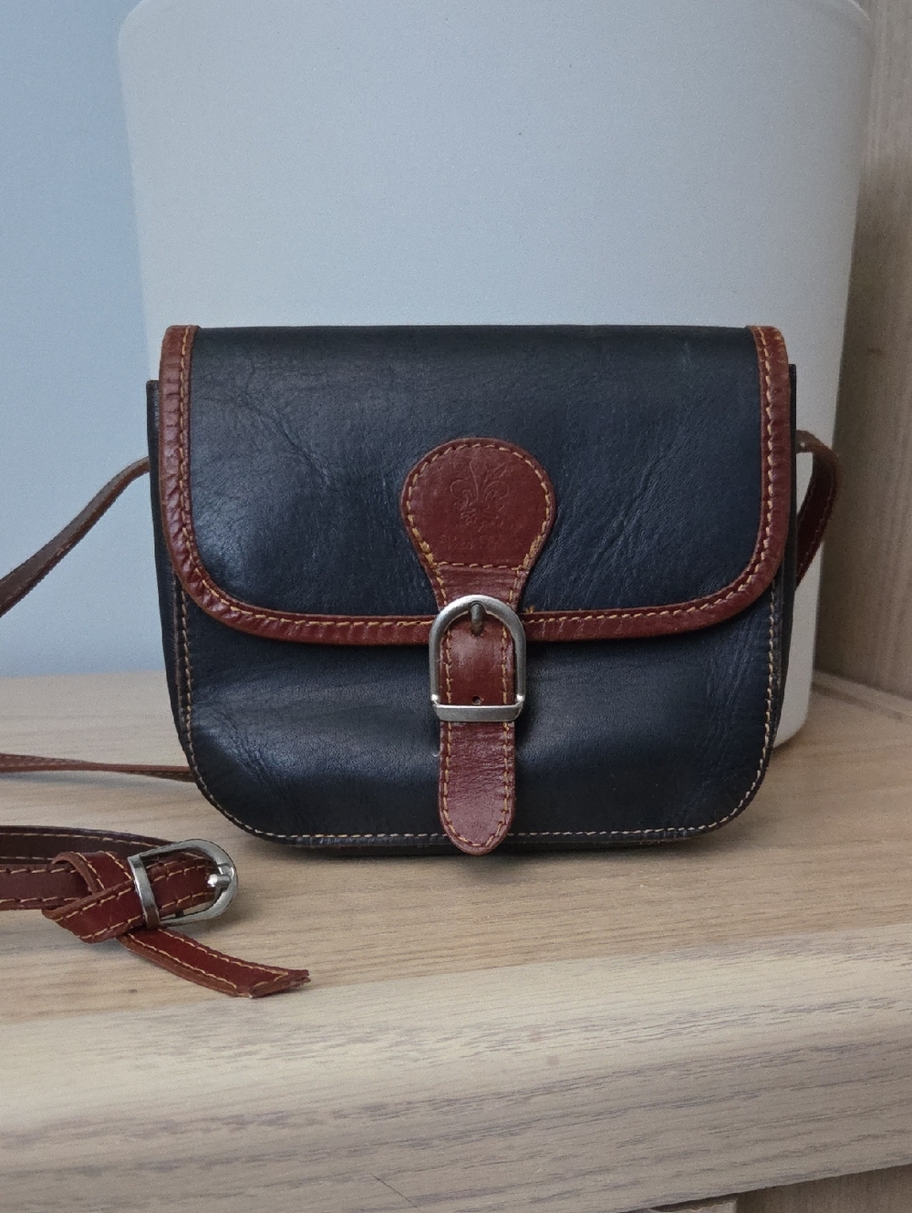 Vintage Vera Pelle Navy and Brown Leather Mini Crossbody Bag